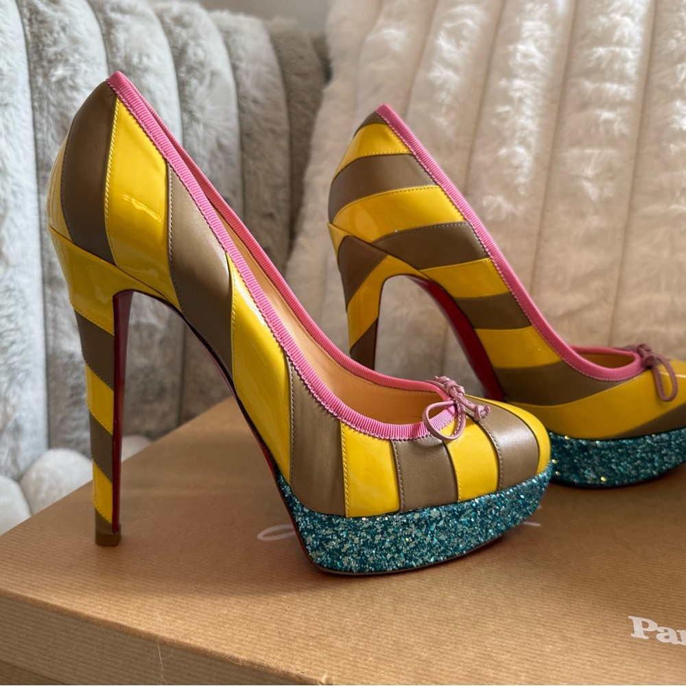 Christian Louboutin Foraine Yellow and Beige Heels with Blue Glitter Platform - Picture 6 of 10